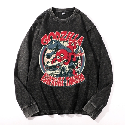 Godzilla Cartoon Pattern Deep Washed Vintage Long Sleeves T-Shirt-moweekender