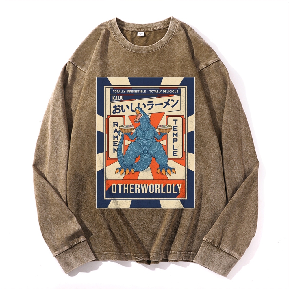 Ramen Godzilla Deep Washed Vintage Long Sleeves T-Shirt-moweekender