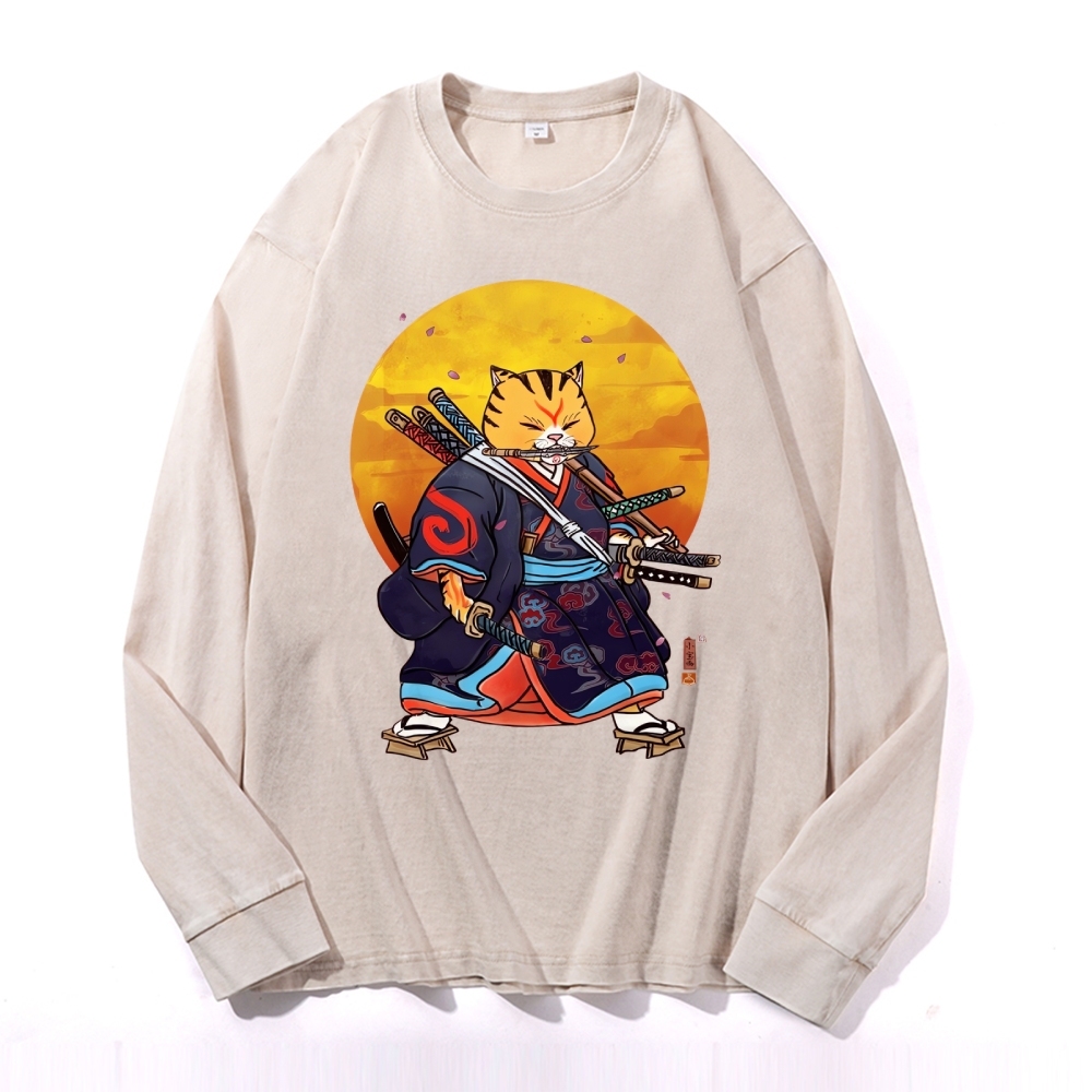 Japanese Warrior Cat Pattern Deep Washed Vintage Long Sleeves T-Shirt-moweekender