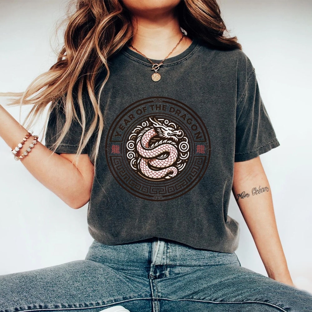 Traditional Dragon Pattern Washed Vintage Short Sleeves T-Shirt-moweekender