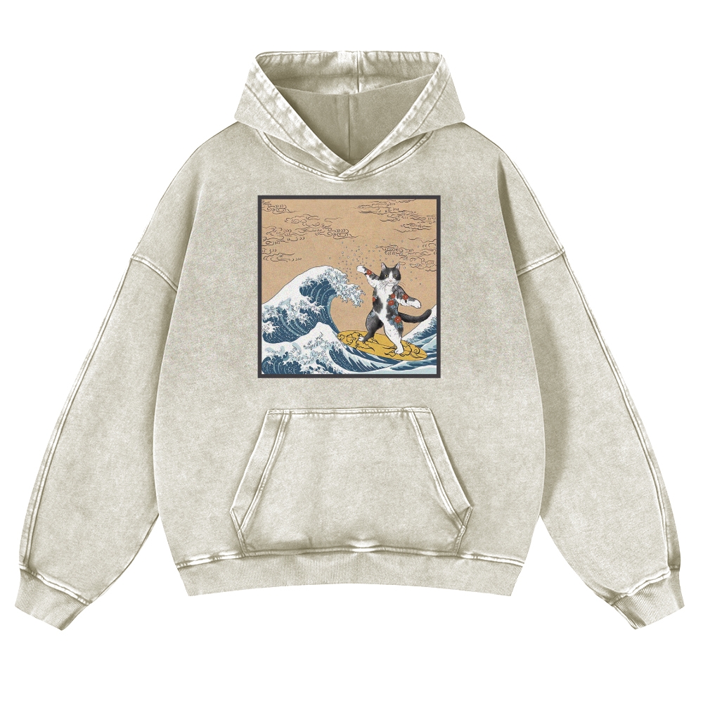 Surf-Bored Cat Ukiyoe Pattern Vintage Washed Hoodie-moweekender