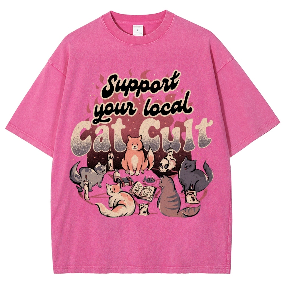 Support Your Local Cat Cult Vintage Snowflake Washed T-Shirt-moweekender