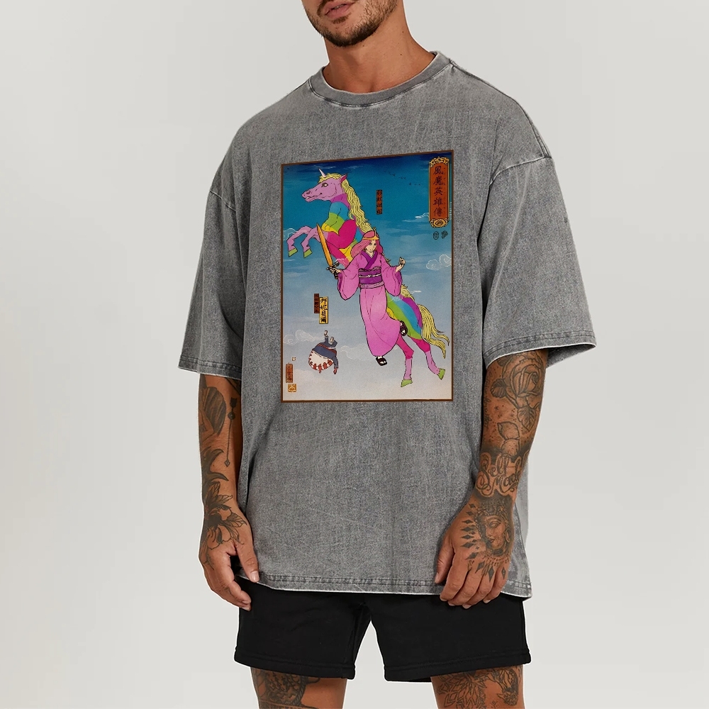 Hero Story Pink Unicorn Washed Vintage Short Sleeves T-Shirt-moweekender