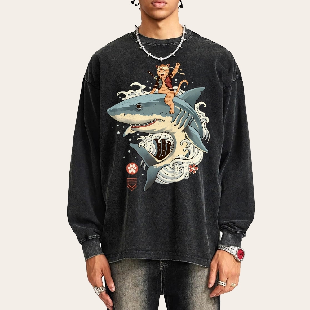 Shark Sushi Cat Ukiyoe Pattern Deep Washed Vintage Long Sleeves T-Shirt-moweekender