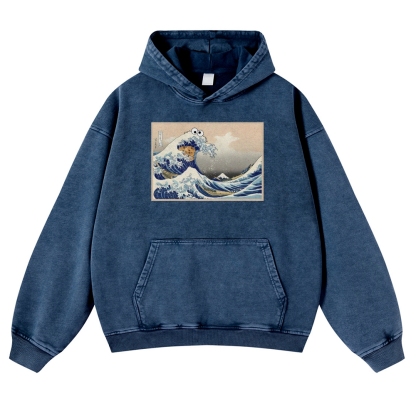 Cookie Wave Ukiyoe Printing Vintage Washed Hoodie-moweekender