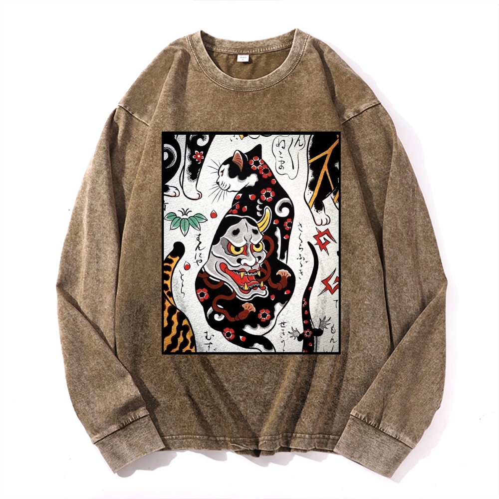 Demon Mask Tattoo Cat Deep Washed Vintage Long Sleeves T-Shirt-moweekender