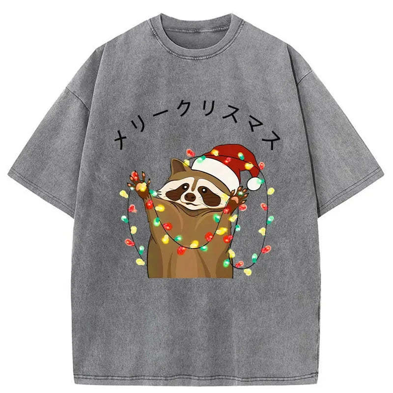 Raccoon Christmas Washed Vintage T-Shirt-moweekender