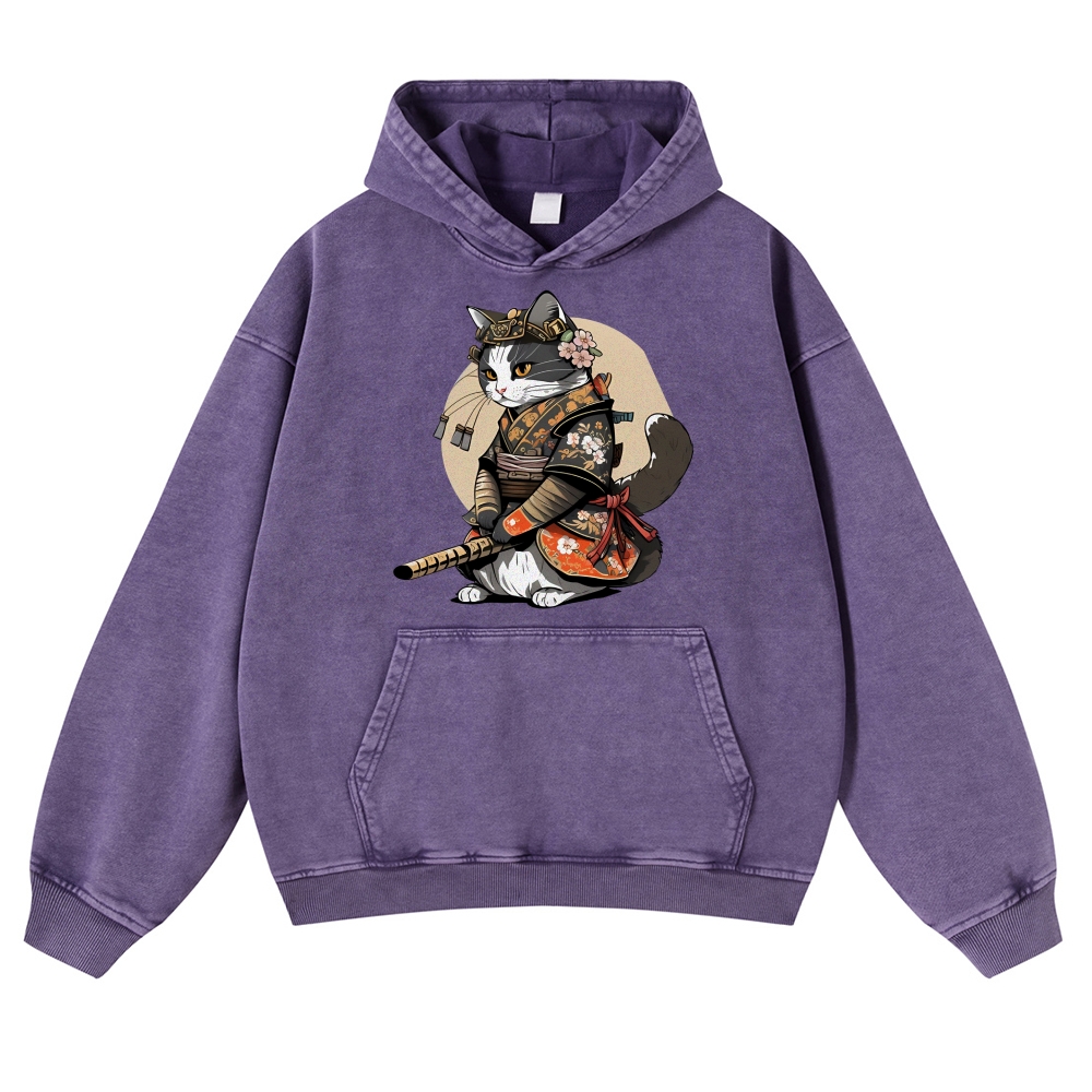 Warrior Cat Printed Vintage Washed Hoodie-moweekender