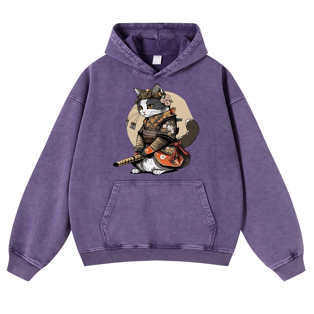 Warrior Cat Printed Vintage Washed Hoodie-moweekender