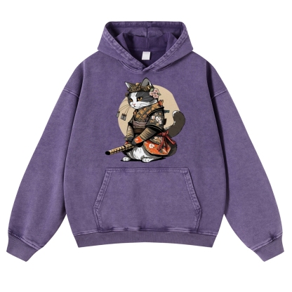 Warrior Cat Printed Vintage Washed Hoodie-moweekender
