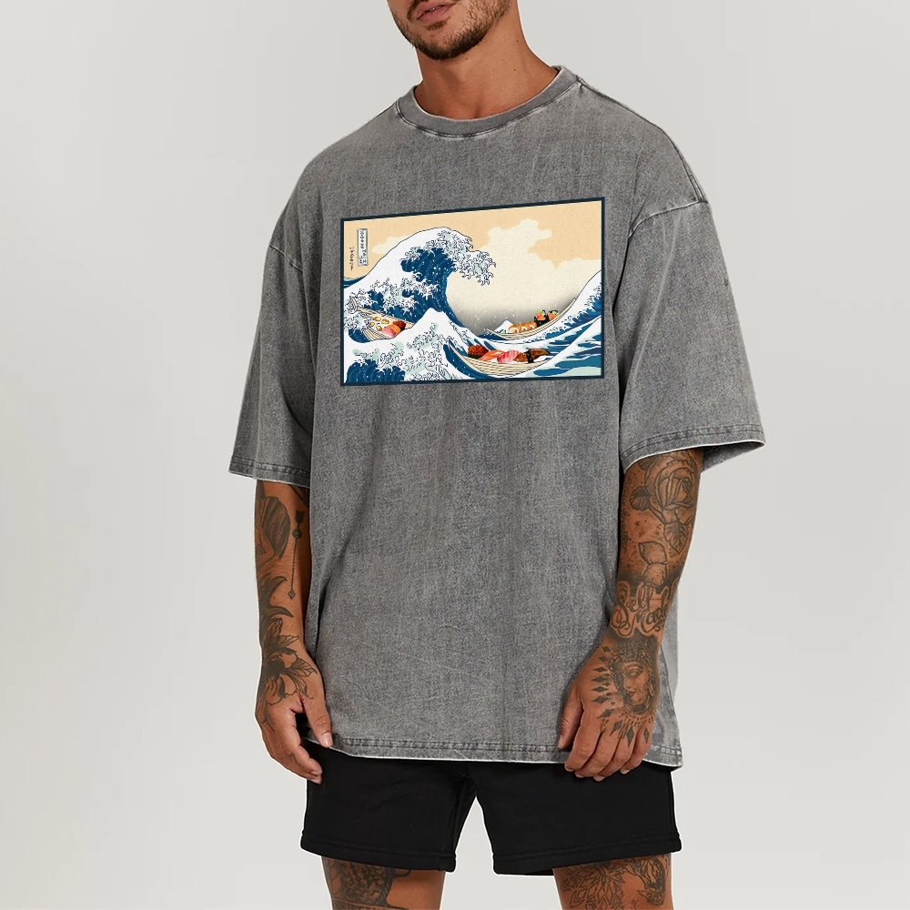 Sushi Ship Wave Ukiyoe Washed Vintage Short Sleeves T-Shirt-moweekender