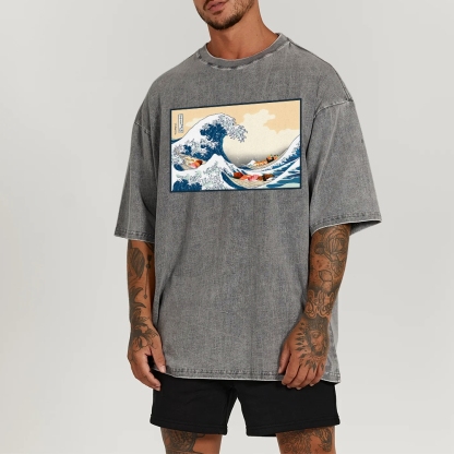 Sushi Ship Wave Ukiyoe Washed Vintage Short Sleeves T-Shirt-moweekender