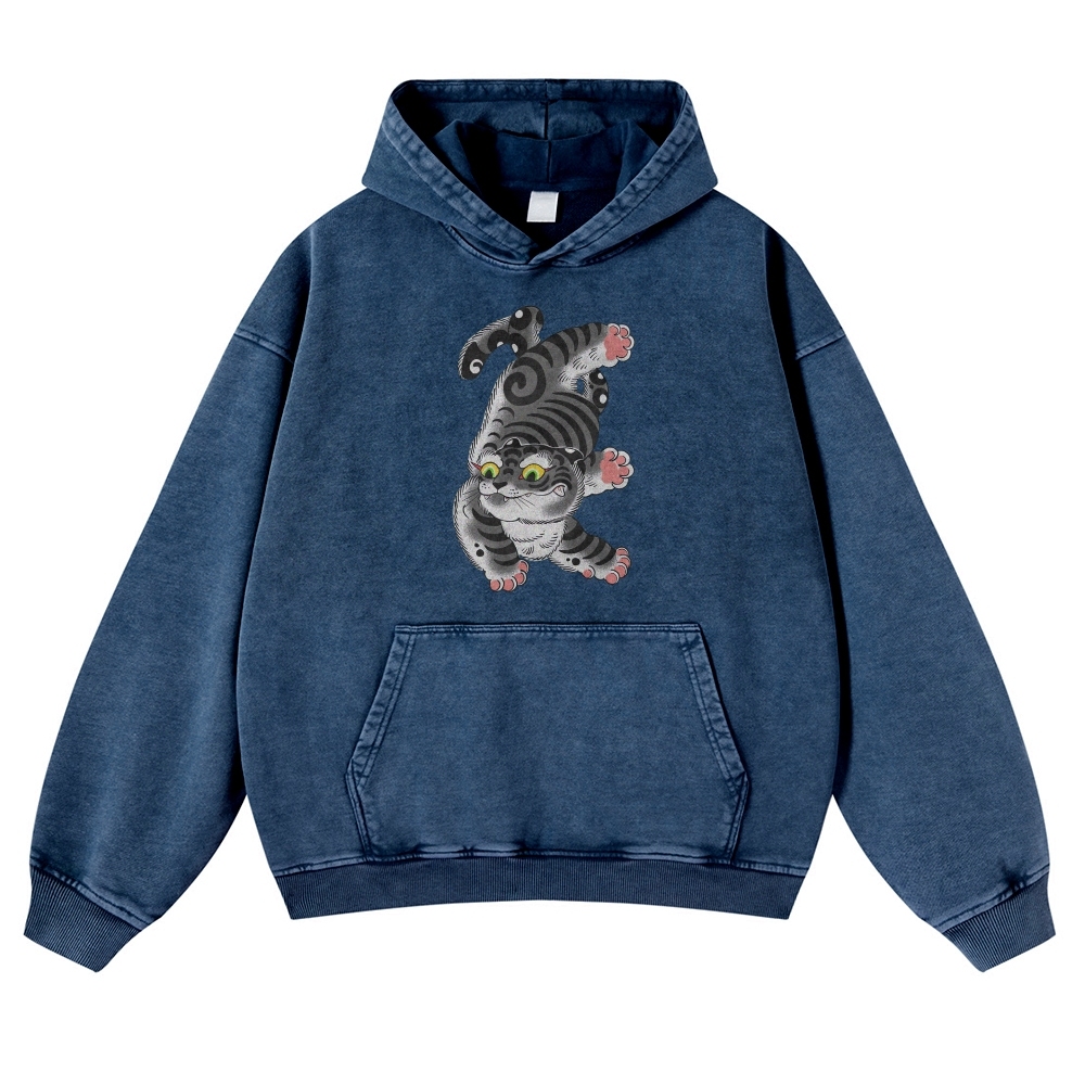 Japanese Cat Printed Vintage Washed Hoodie-moweekender