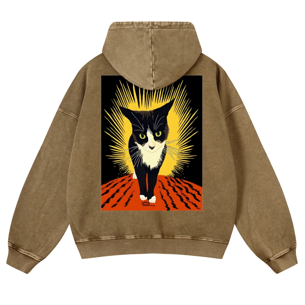 Rebel Cat Casual Vintage Washed Hoodie-moweekender