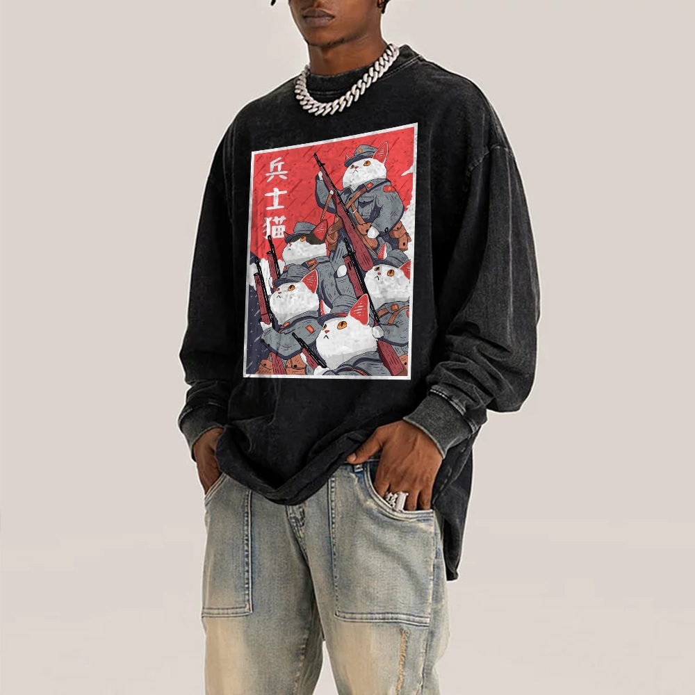 Soldier Cat Pattern Deep Washed Vintage Long Sleeves T-Shirt-moweekender