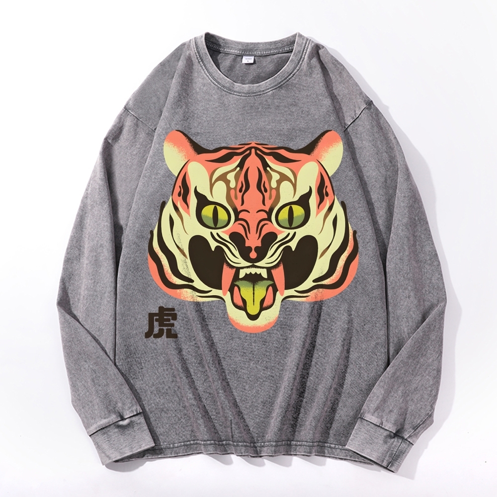 Tiger Roar Deep Washed Vintage Long Sleeves T-Shirt-moweekender