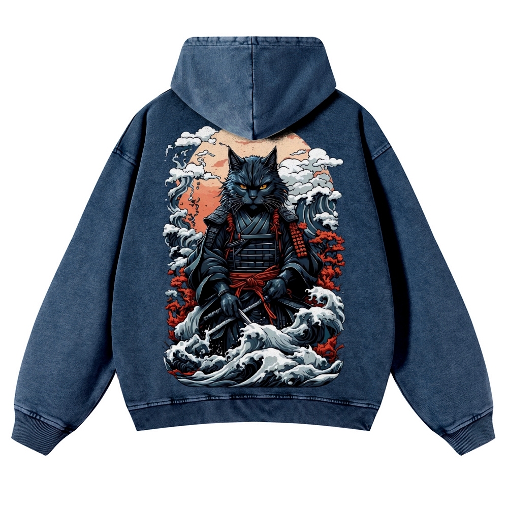 Cat Warrior Wave Ukiyoe Vintage Washed Hoodie-moweekender