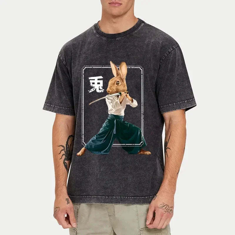Rabbit Ninja Washed Vintage T-Shirt-moweekender