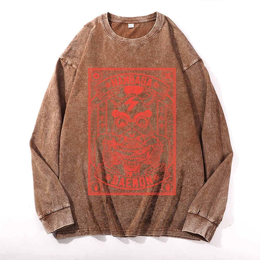 Demon Burger Printed Deep Washed Vintage Long Sleeves T-Shirt-moweekender