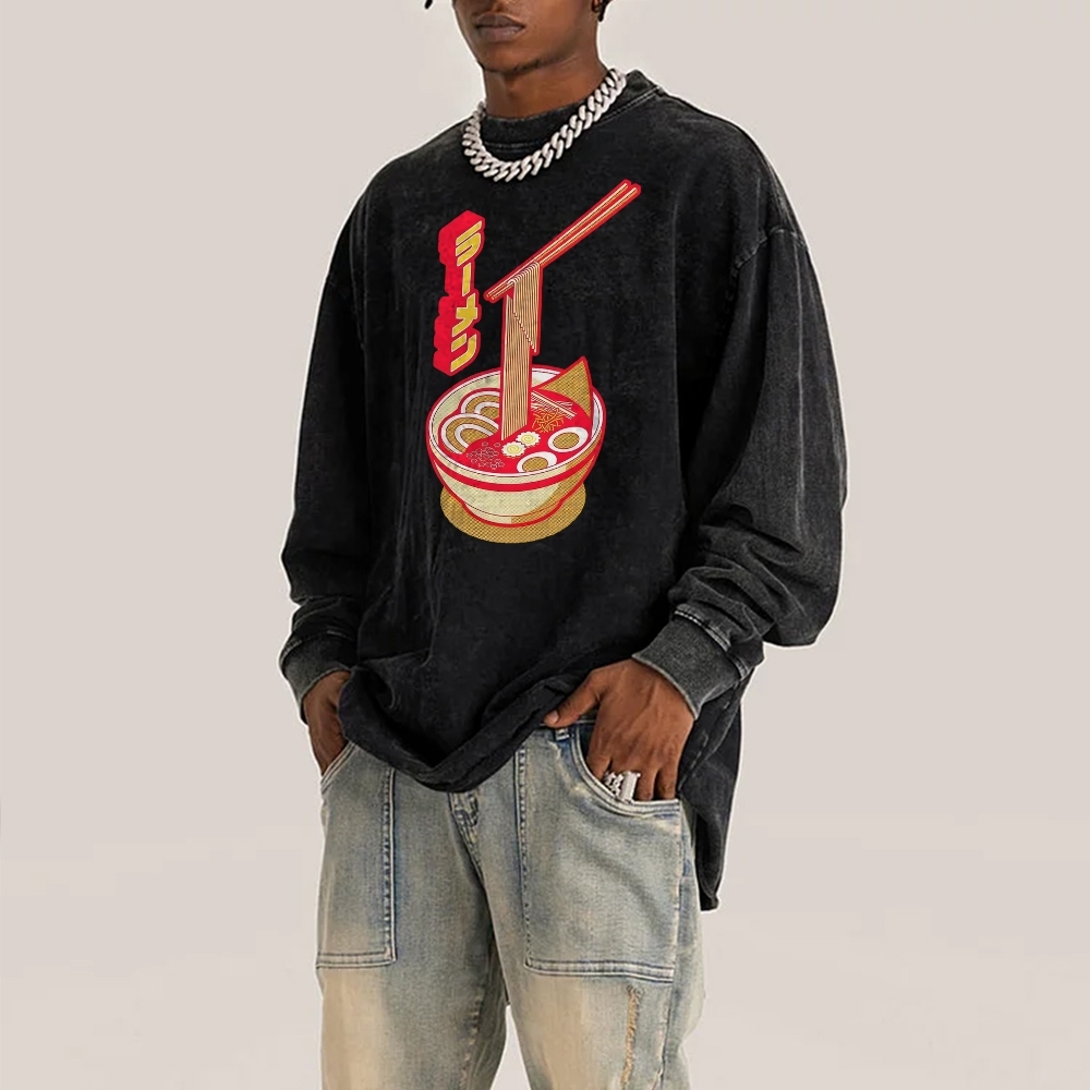 Japanese Ramen Deep Washed Vintage Long Sleeves T-Shirt-moweekender