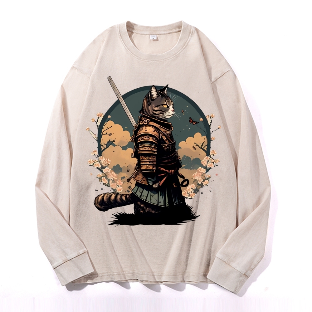 Japanese Armor Cat Deep Washed Vintage Long Sleeves T-Shirt-moweekender