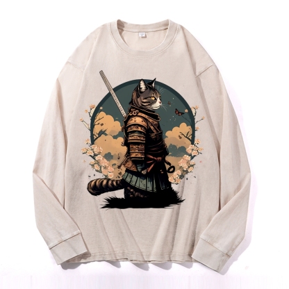 Japanese Armor Cat Deep Washed Vintage Long Sleeves T-Shirt-moweekender