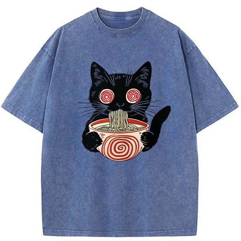 Confused Cat Eating Ramen Washed Vintage T-Shirt-moweekender