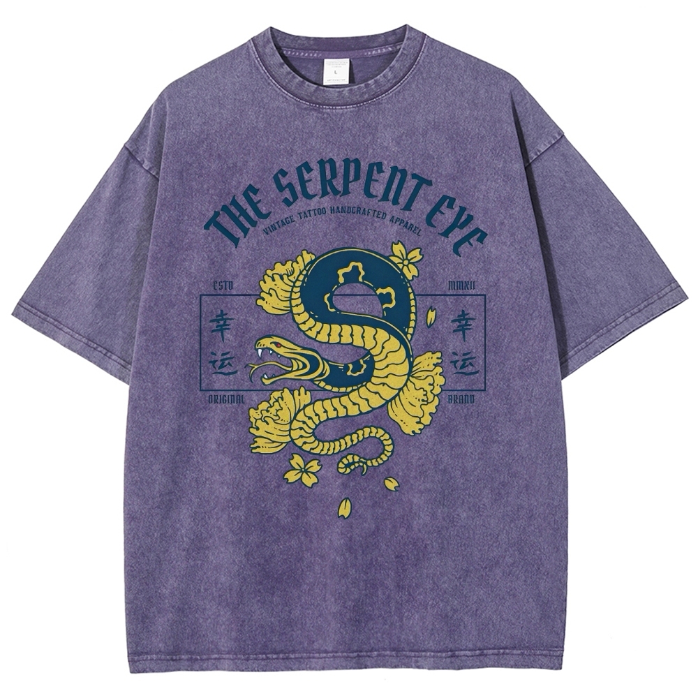 Japan Lucky Snake Sign Washed Vintage Short Sleeves T-Shirt-moweekender