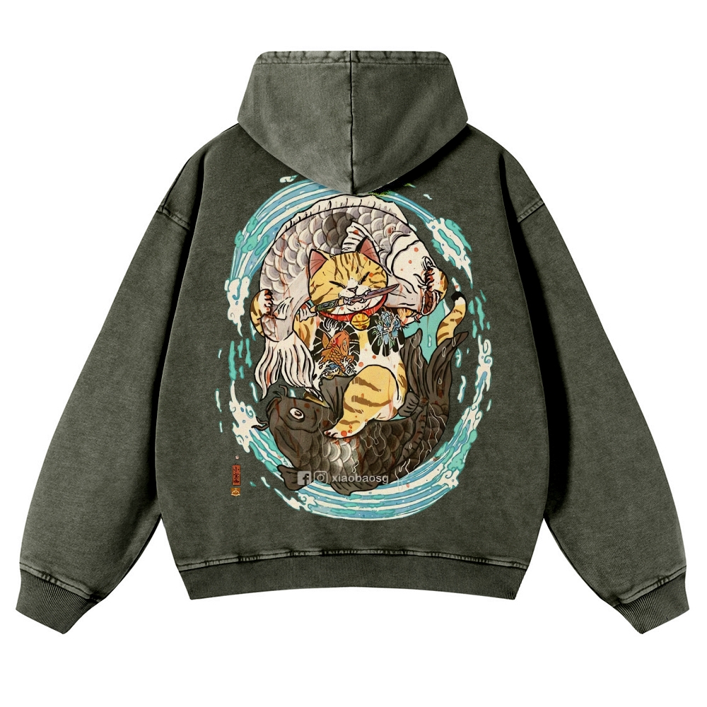 Japan Samurai Cat Vintage Washed Hoodie-moweekender