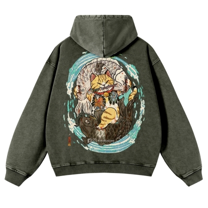 Japan Samurai Cat Vintage Washed Hoodie-moweekender