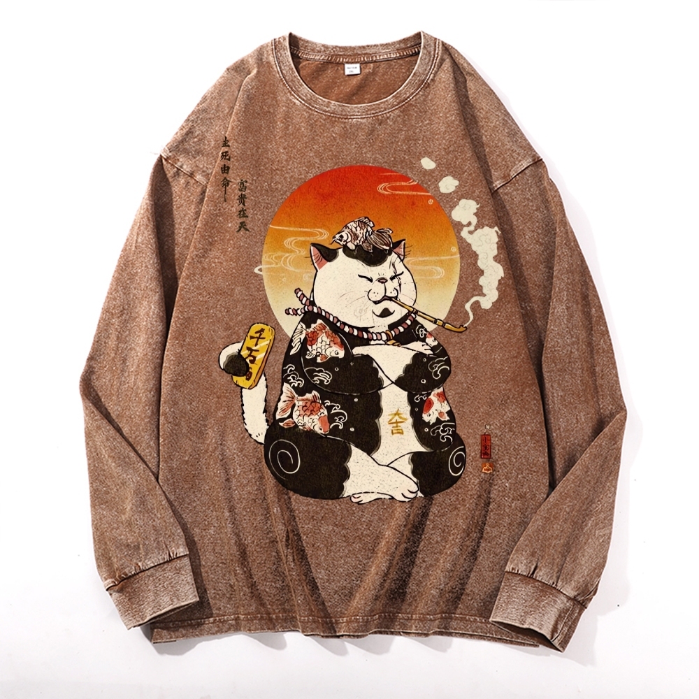 Smoking Rich Cat Deep Washed Vintage Long Sleeves T-Shirt-moweekender