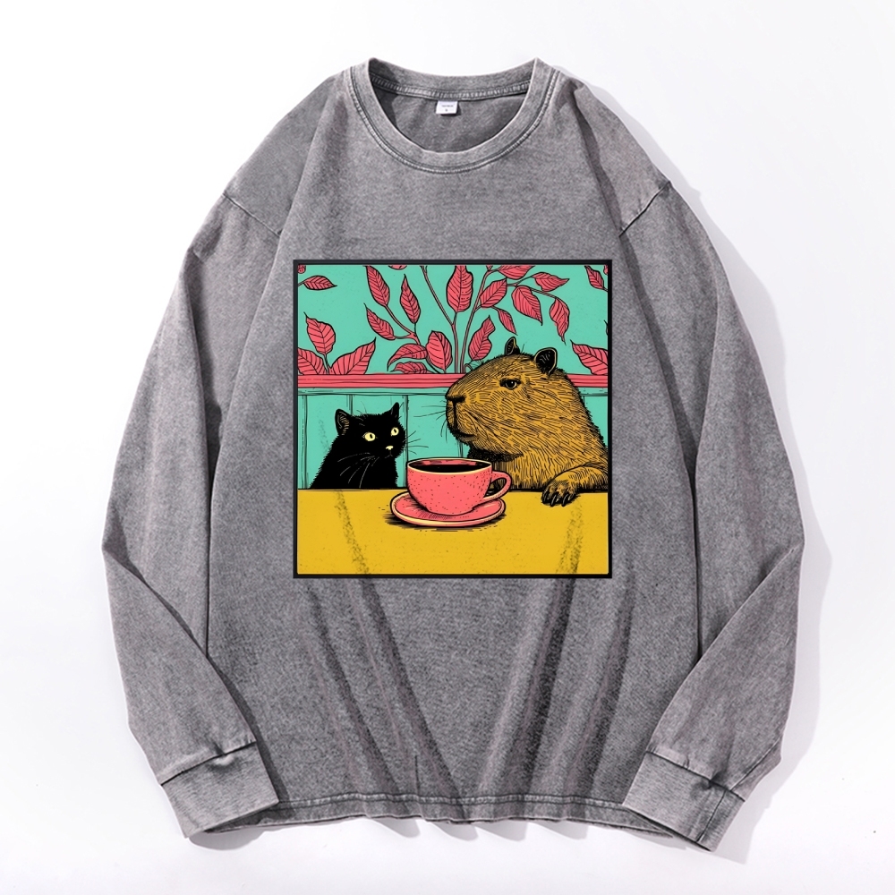 Black Cat And Capybara Pattern Deep Washed Vintage Long Sleeves T-Shirt
