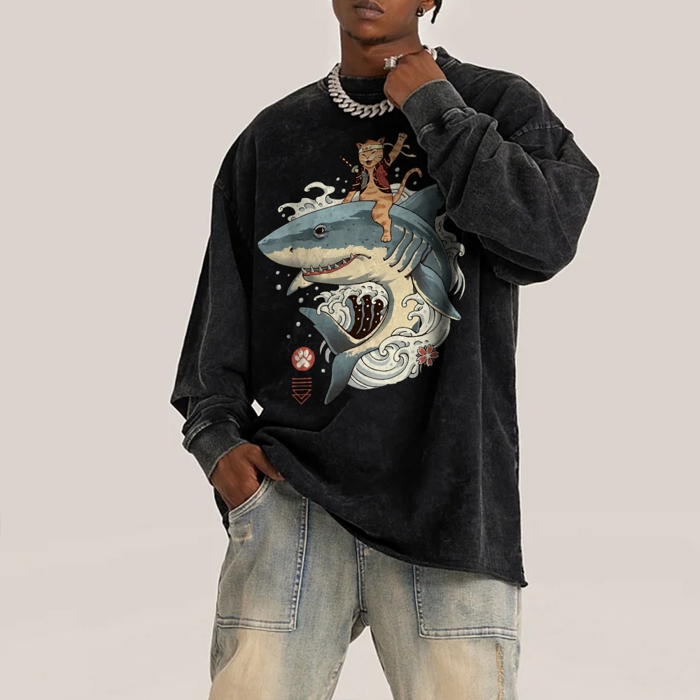 Shark Sushi Cat Ukiyoe Pattern Deep Washed Vintage Long Sleeves T-Shirt-moweekender
