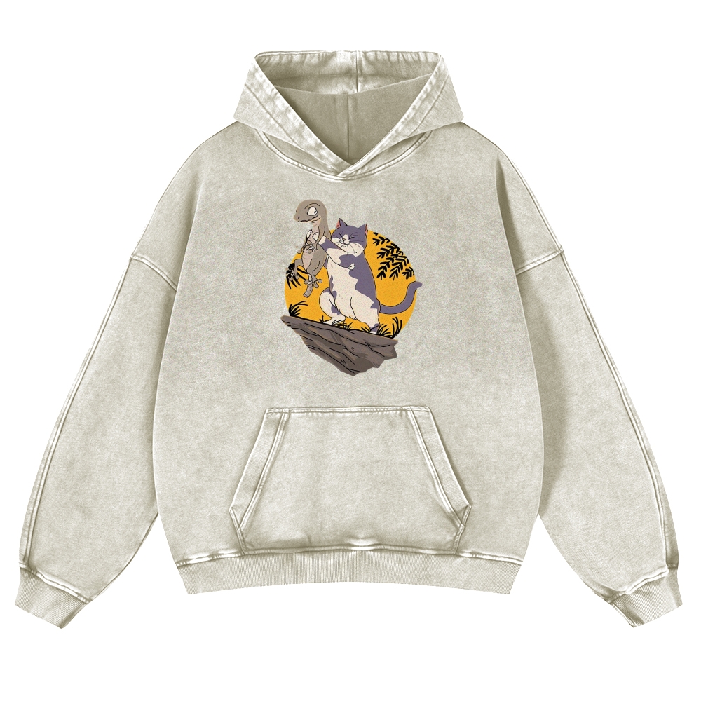 Lizard Cat Ukiyoe Vintage Washed Hoodie-moweekender