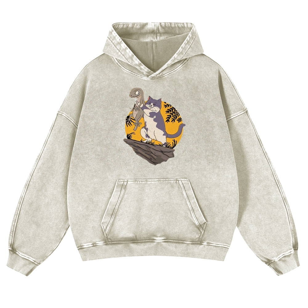 Lizard Cat Ukiyoe Vintage Washed Hoodie-moweekender
