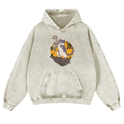 Lizard Cat Ukiyoe Vintage Washed Hoodie-moweekender