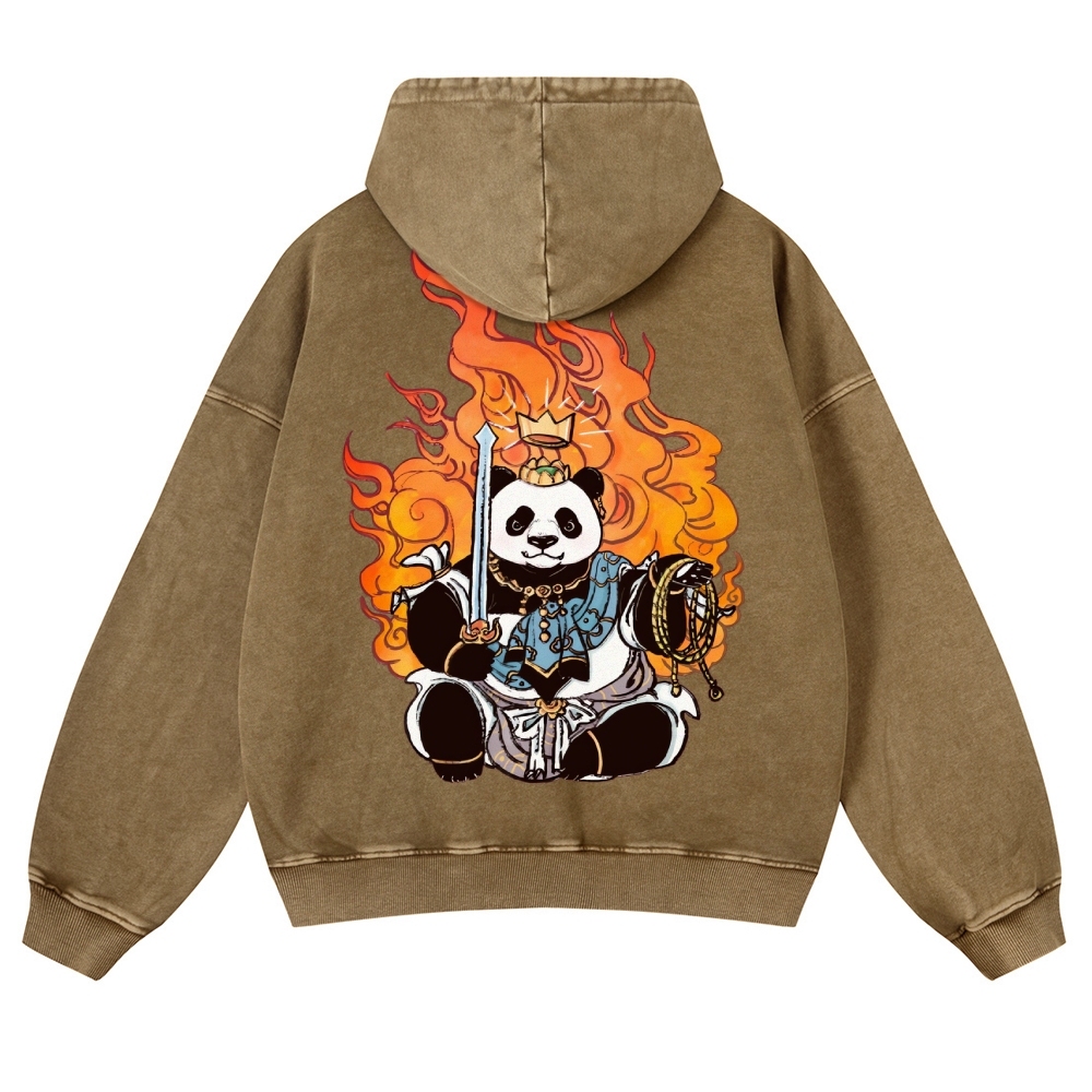 Panda King Pattern Printed Vintage Washed Hoodie-moweekender