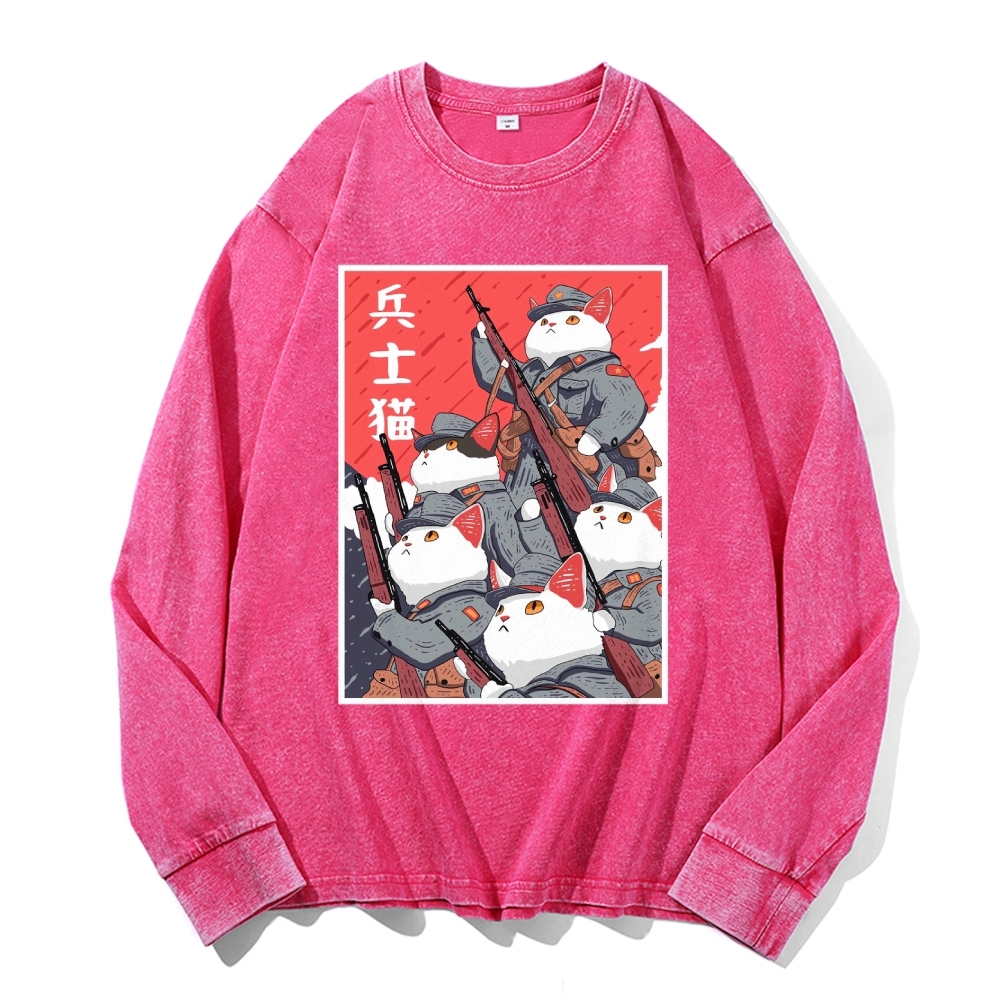 Soldier Cat Pattern Deep Washed Vintage Long Sleeves T-Shirt-moweekender