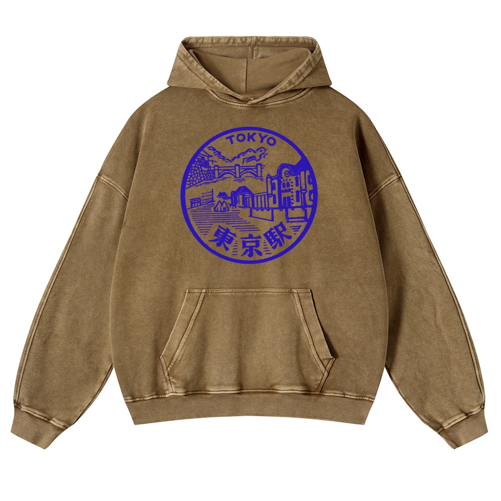 Tokyo Station Sign Vintage Washed Hoodie-moweekender