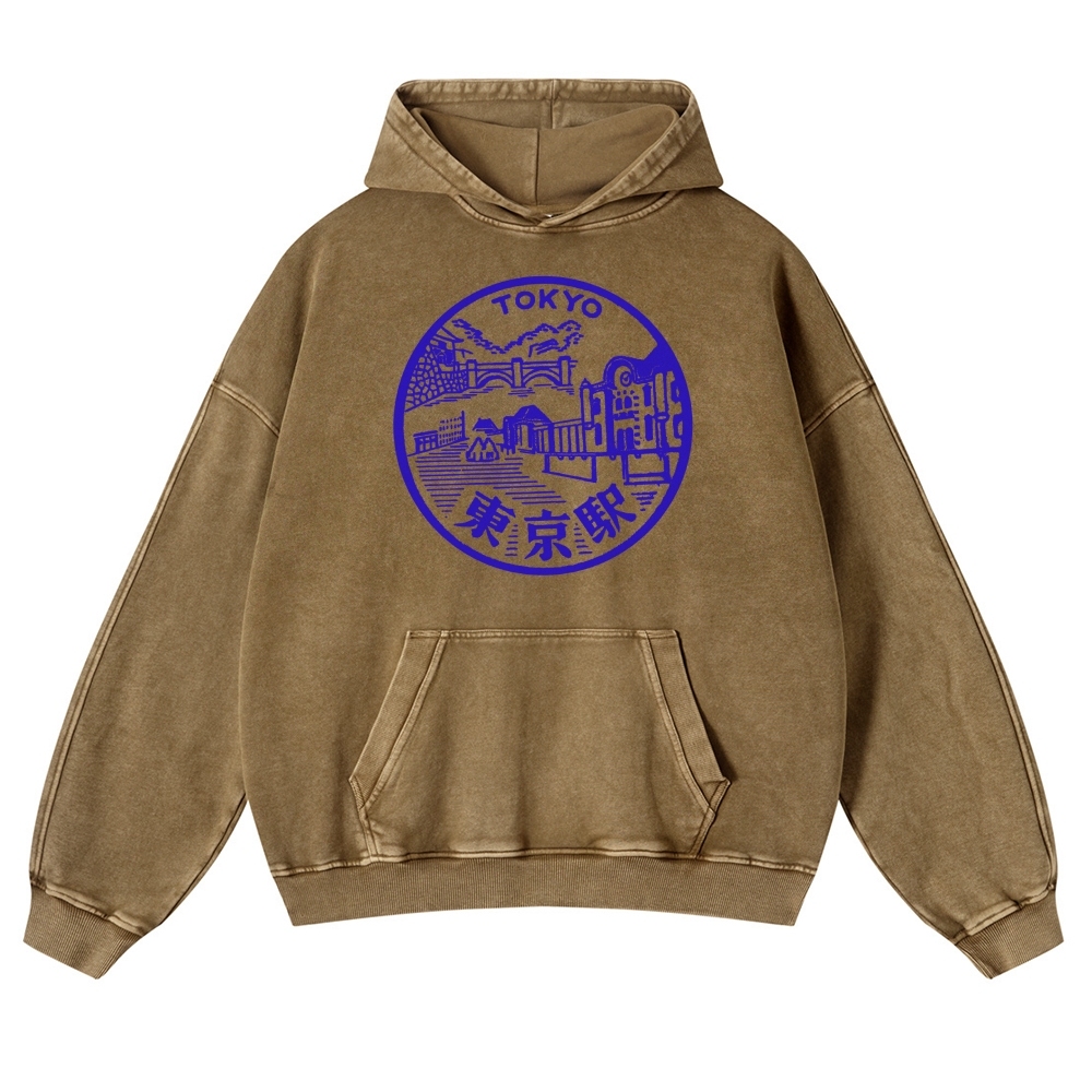 Tokyo Station Sign Vintage Washed Hoodie-moweekender