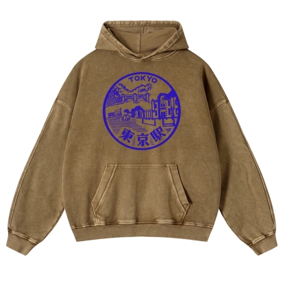 Tokyo Station Sign Vintage Washed Hoodie-moweekender