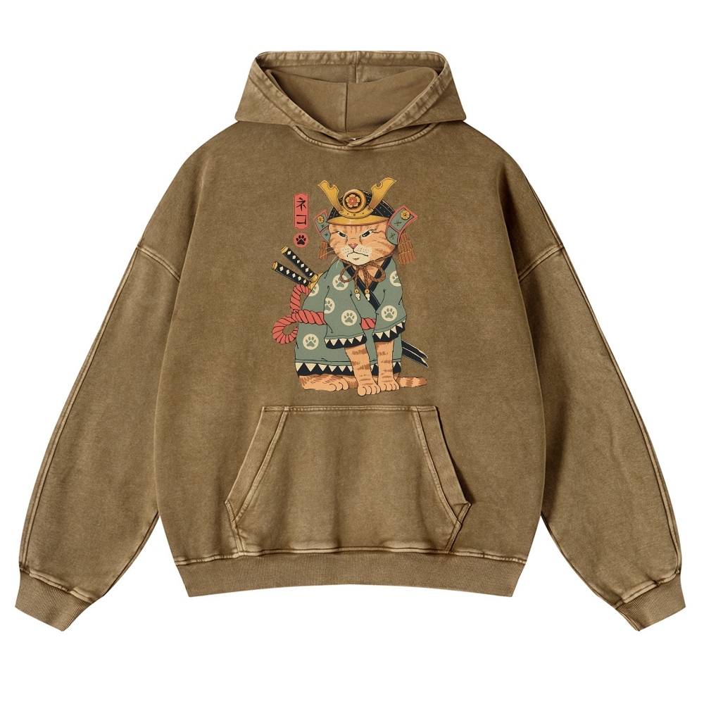 Japanese Warrior Cat Ukiyoe Vintage Washed Hoodie-moweekender