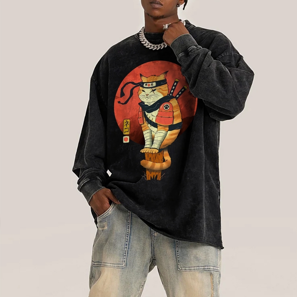 Ninja Sushi Cat Casual Deep Washed Vintage Long Sleeves T-Shirt-moweekender