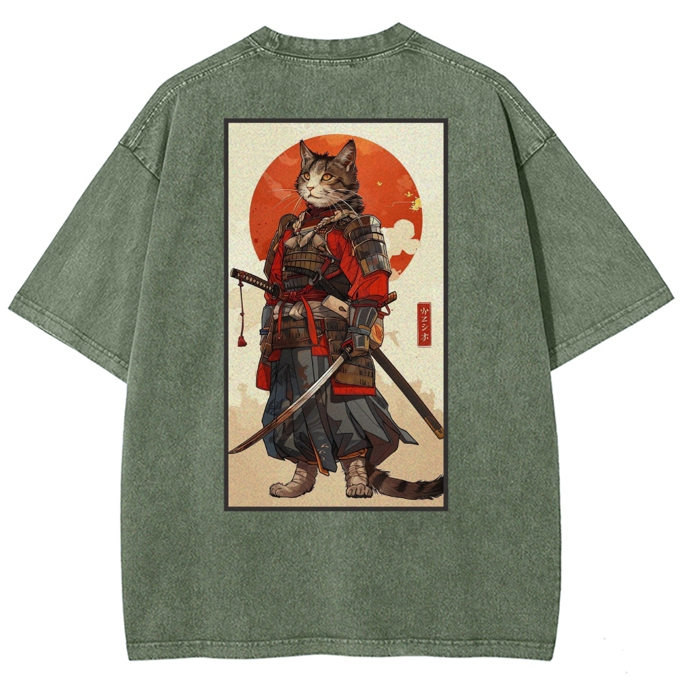 Casual Warrior Cat Washed Vintage Short Sleeves T-Shirt-moweekender