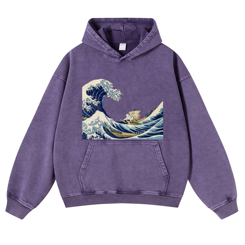 Wave Ukiyoe Pattern Vintage Washed Hoodie-moweekender