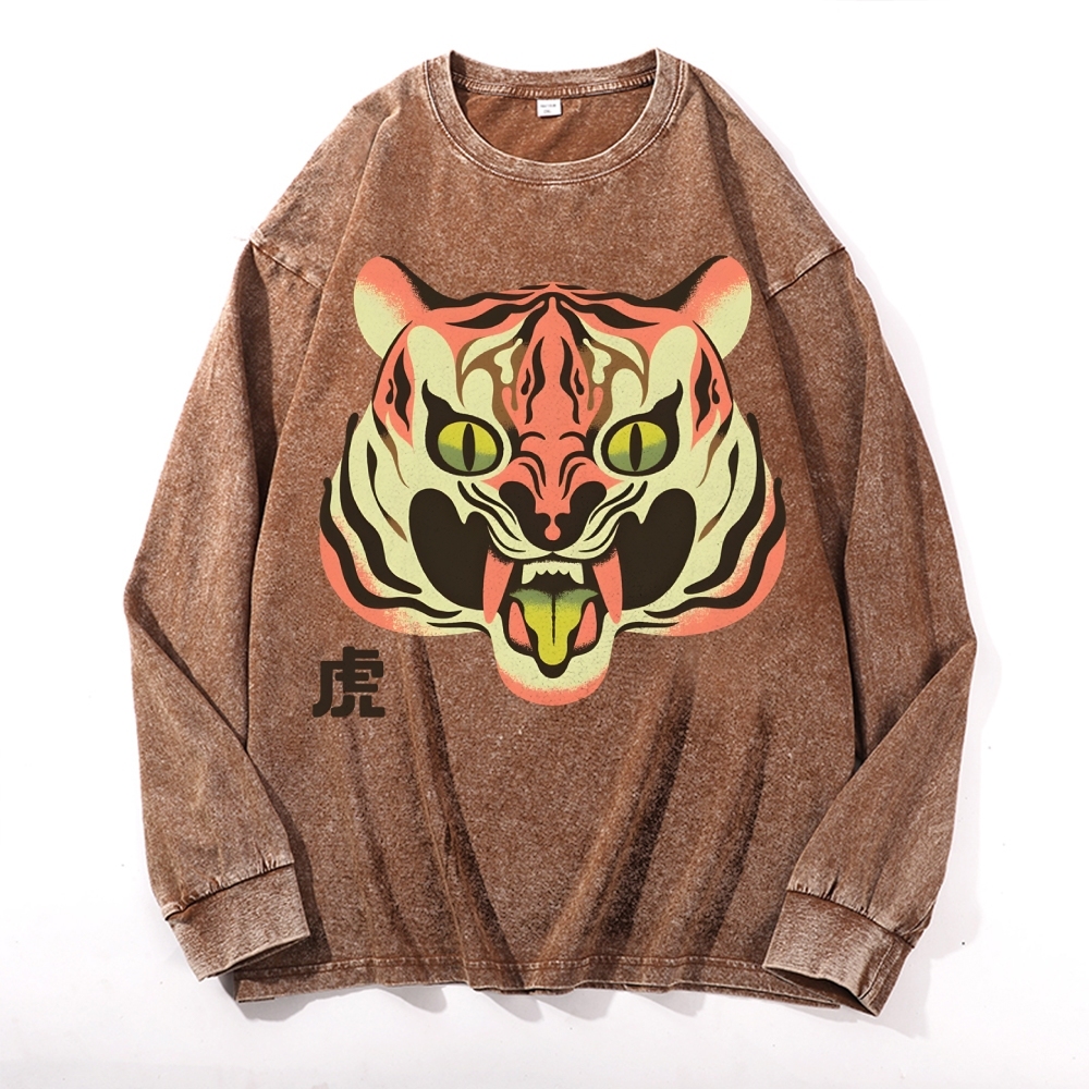 Tiger Roar Deep Washed Vintage Long Sleeves T-Shirt-moweekender