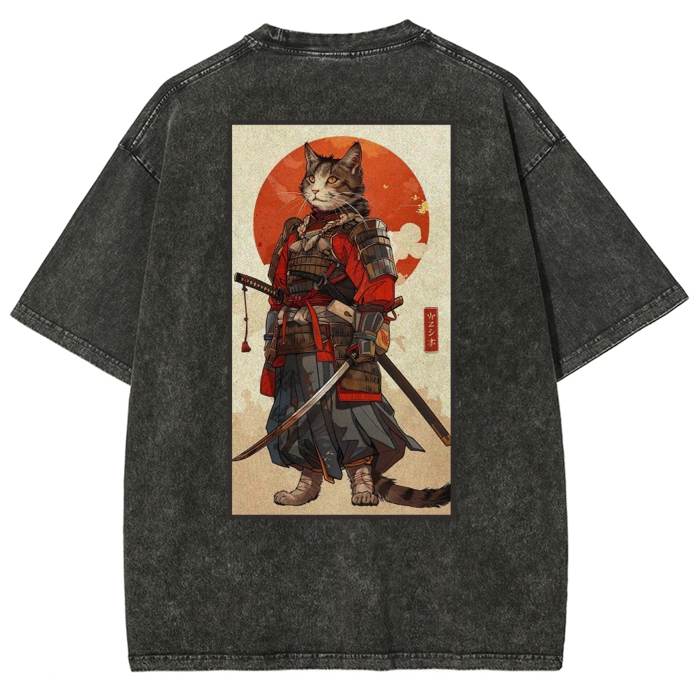 Casual Warrior Cat Washed Vintage Short Sleeves T-Shirt-moweekender