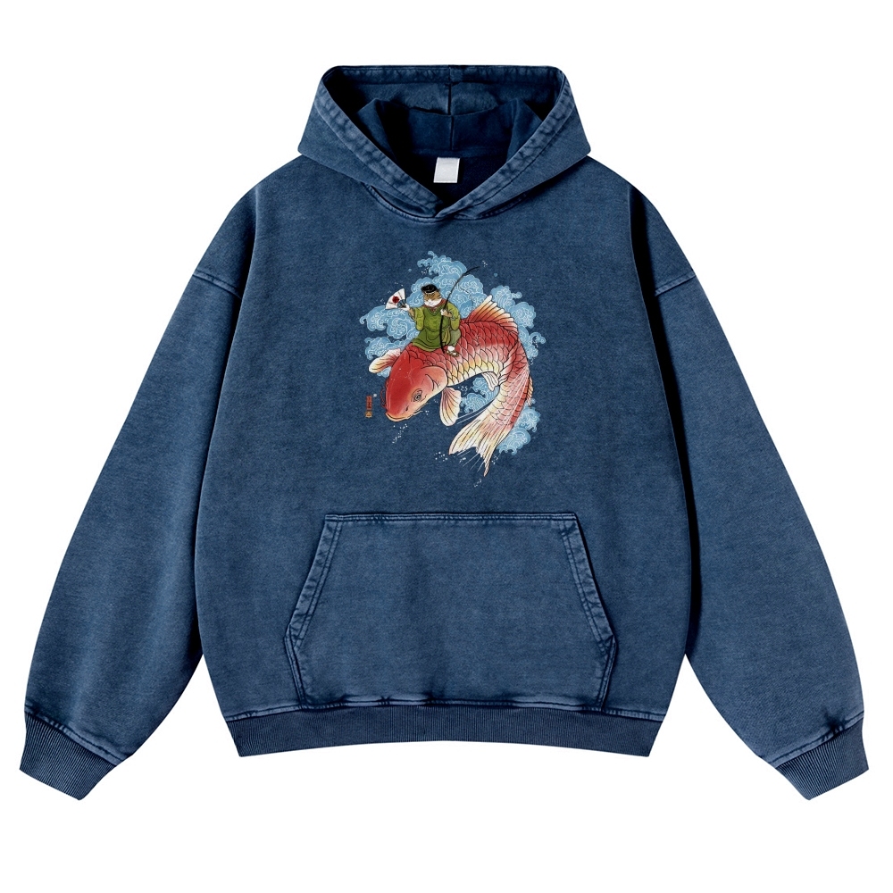 Carp Cat Ukiyoe Pattern Vintage Washed Hoodie-moweekender
