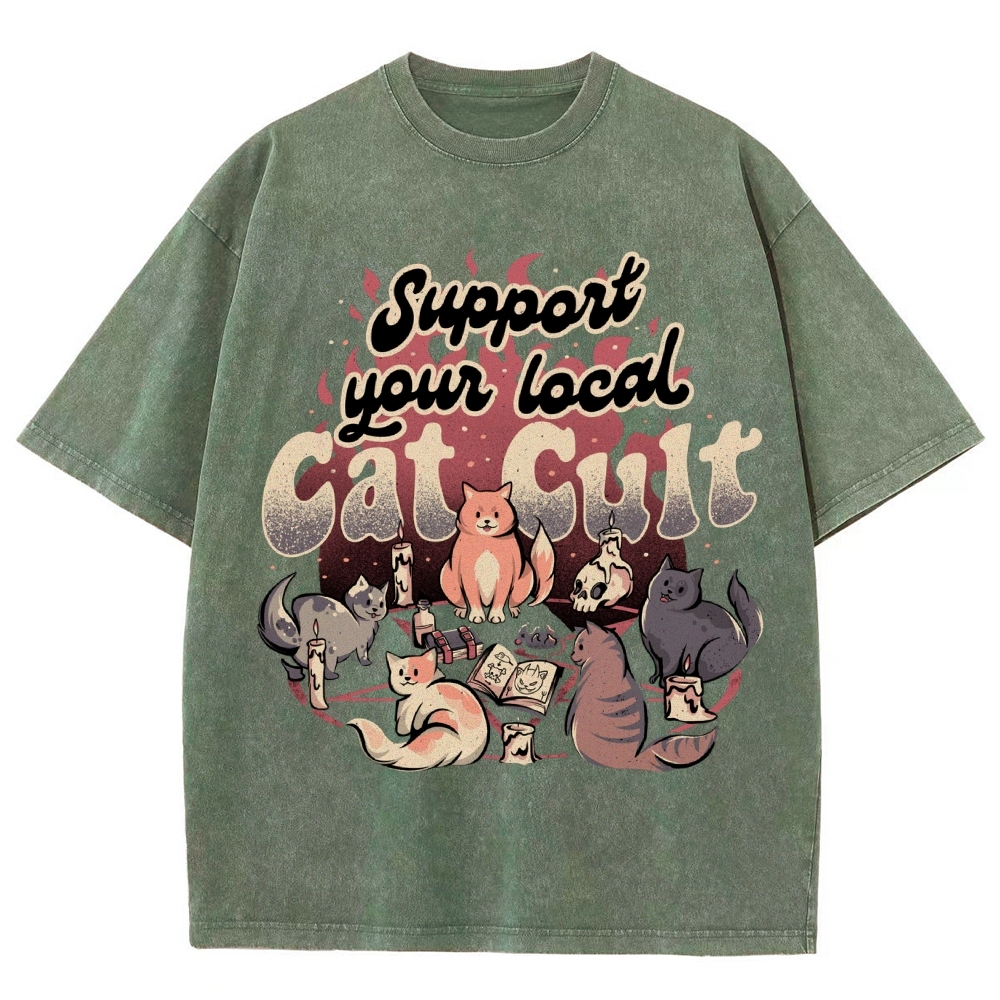 Support Your Local Cat Cult Vintage Snowflake Washed T-Shirt-moweekender