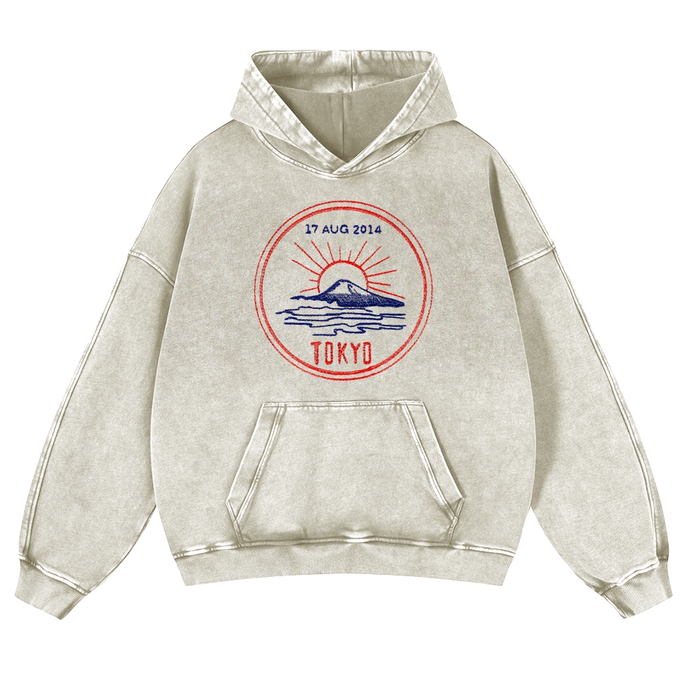 Tokyo Sunrise Sea Pattern Vintage Washed Hoodie-moweekender